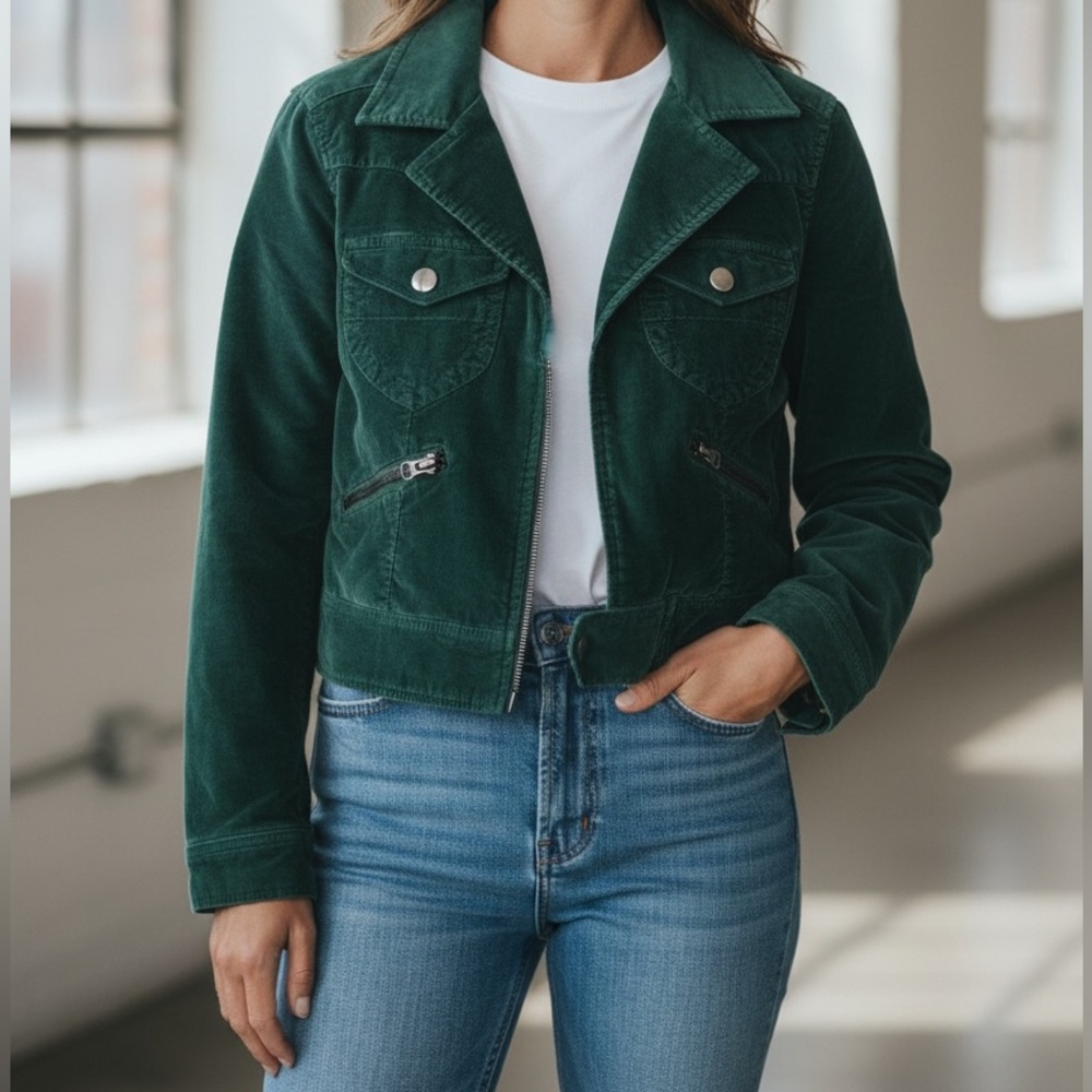 One Girl Who Women's Green Velvet Jacket (Half Zip Detail)